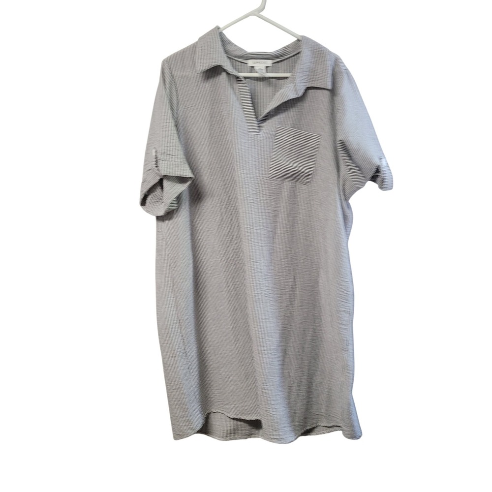 Espresso Womens 3X Striped Seersucker Tunic Top Gray White Short Sleeve MPC20813